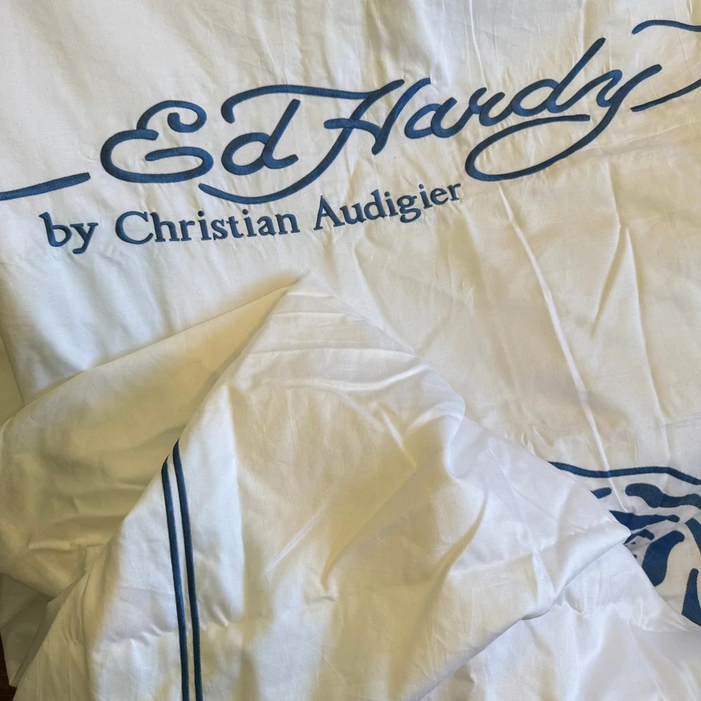 Ed Hardy Christian Audigier Tattoo Print Duvet Bedding Set White Blue Tiger Y2K